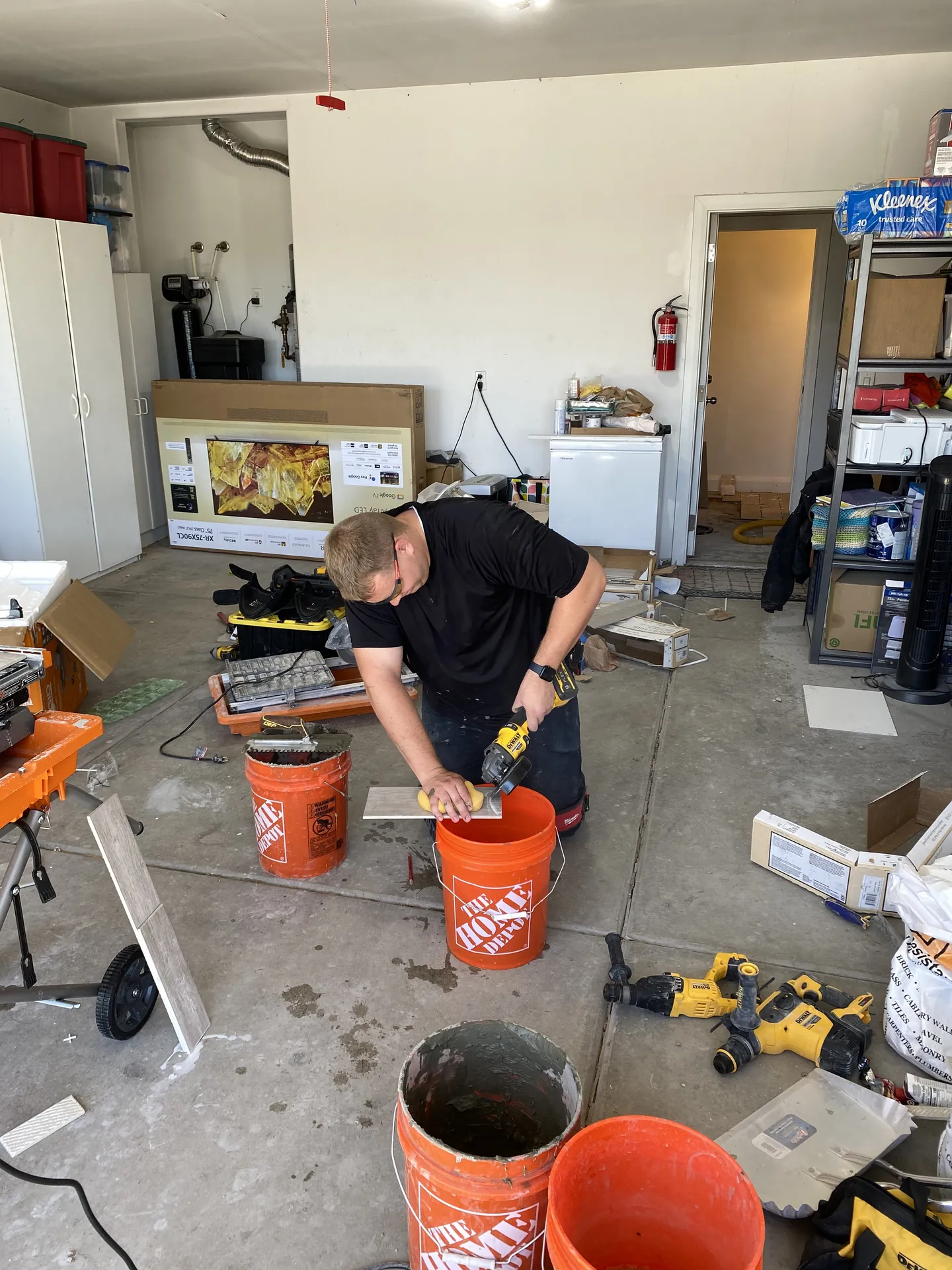 Viking Solutions garage work station — tile cutting and prep with DeWalt tools