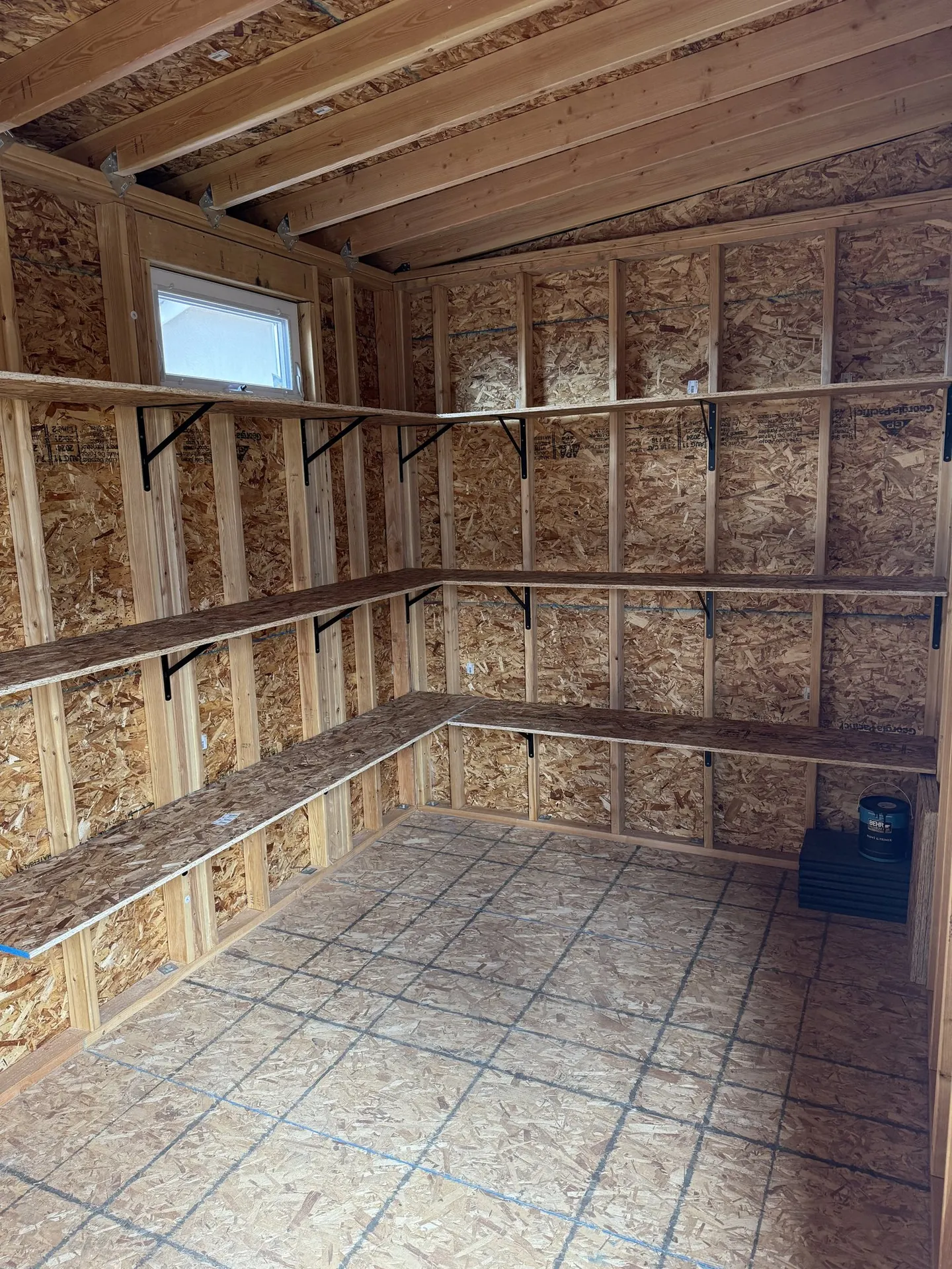 L-shaped interior shelving inside the finished shed under the pitched ceiling