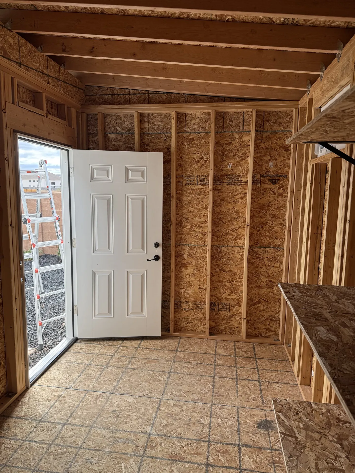 White six-panel entry door installed in the finished shed interior beside the shelving