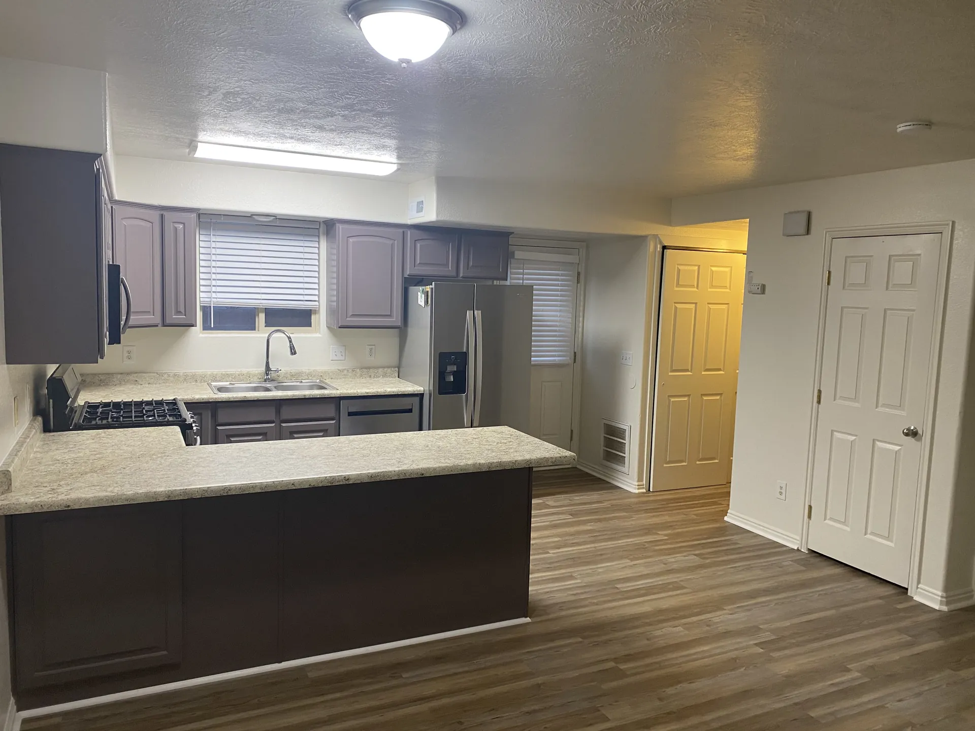 Finished kitchen opening into the living area with one continuous LVP floor