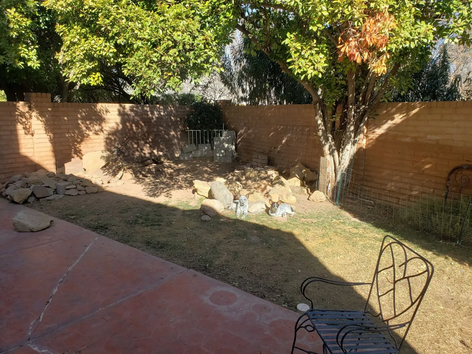 Neglected backyard corner with loose sandstone rocks and concrete figurines against a block wall before the fountain build