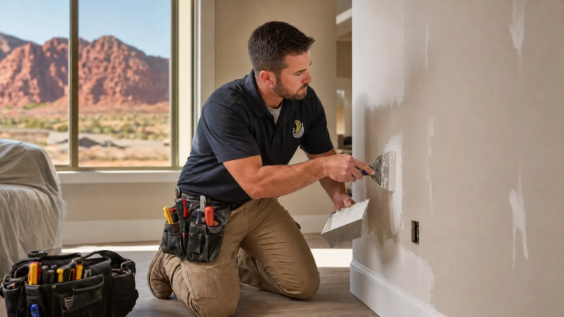 Viking Solutions handyman patching drywall in a St. George home with red rock views